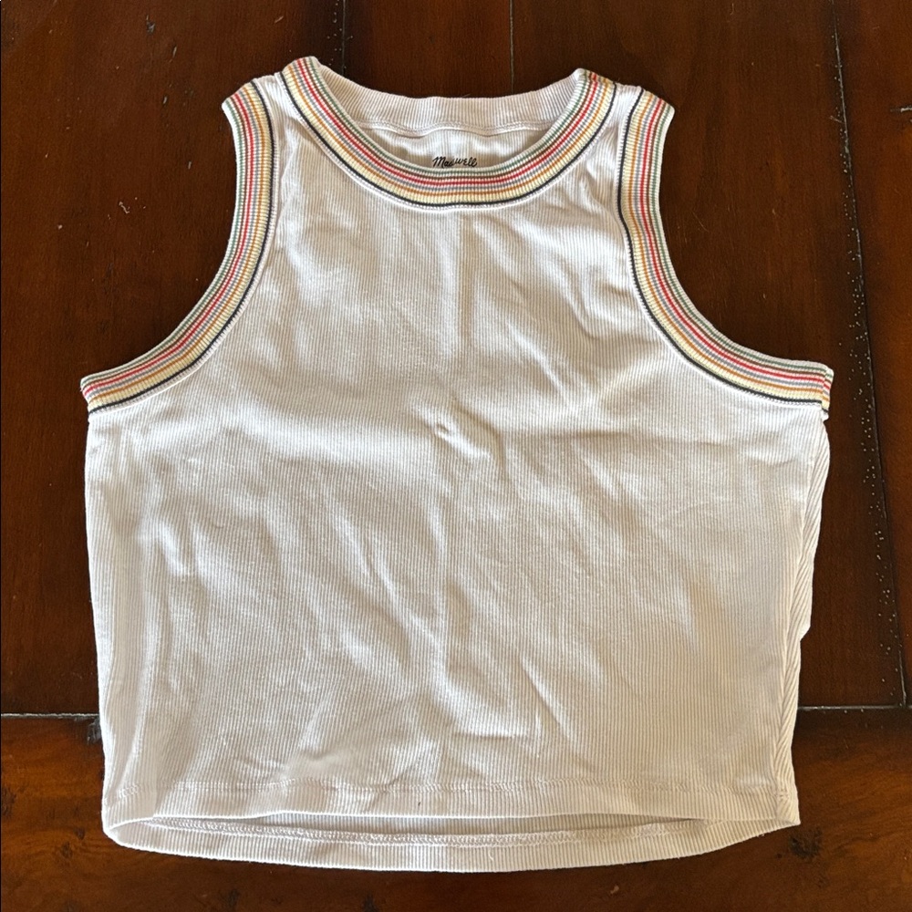Madewell White Cropped Tank with Rainbow Stripes
